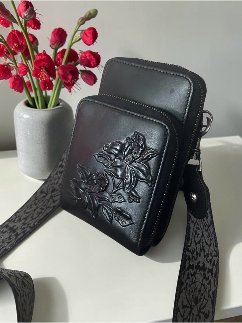 Patricia Nash Shelby Parisian  Tooled Leather Phone Crossbody Black Travel Bag